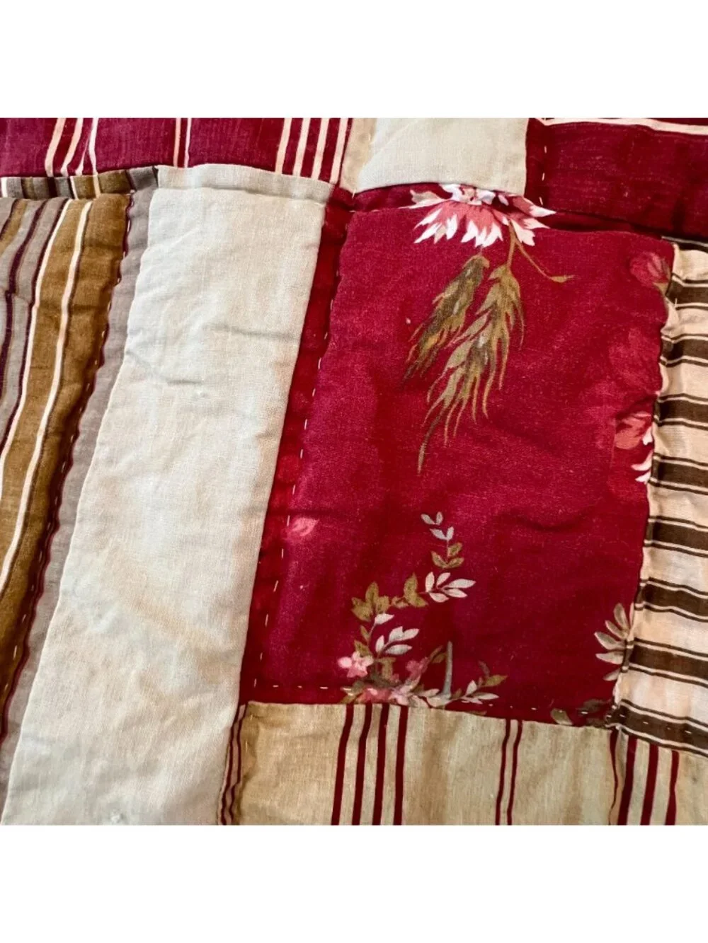 Two Handmade Quilted Patchwork Blankets Stripes Floral RED CRM French Cottage